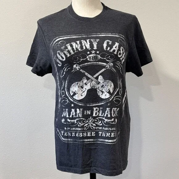 Johnny Cash Man In Black Graphic T-Shirt Short Sleeve Charcoal Gray Adult Small - Picture 1 of 10